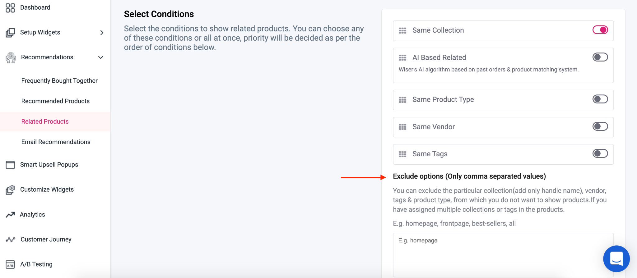 exclude products from product recommendations widget